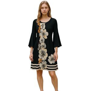 MSK Women's S Statement Bell Sleeve Black Floral Mini Cocktail Dress Whimsical